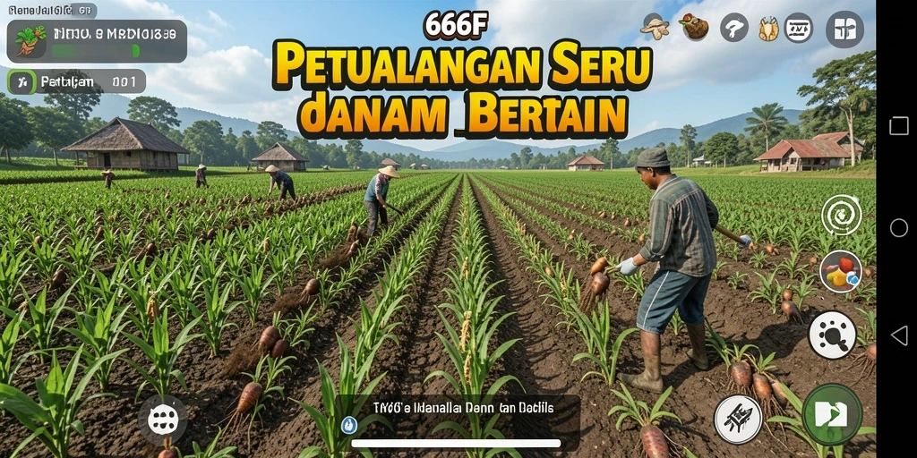 Screenshot gameplay 666F menunjukkan kebun yang luas dan penuh warna.