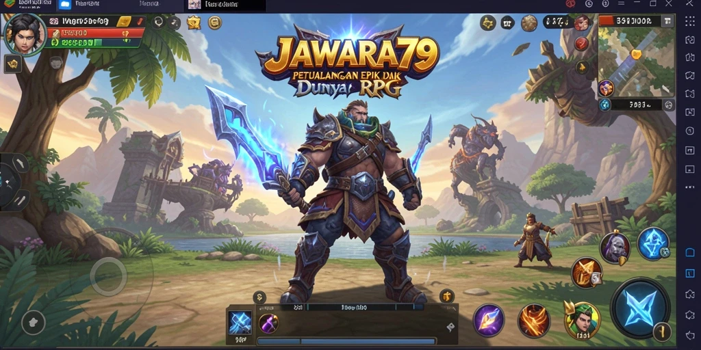 Screenshot utama JAWARA79 menampilkan pertempuran seru di dunia fantasi.