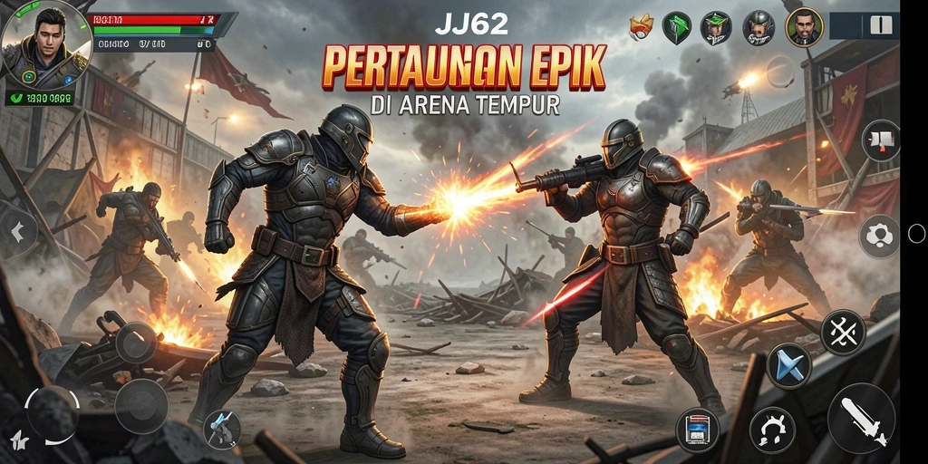 Tampilan gameplay JJ62 yang penuh aksi di arena pertarungan.