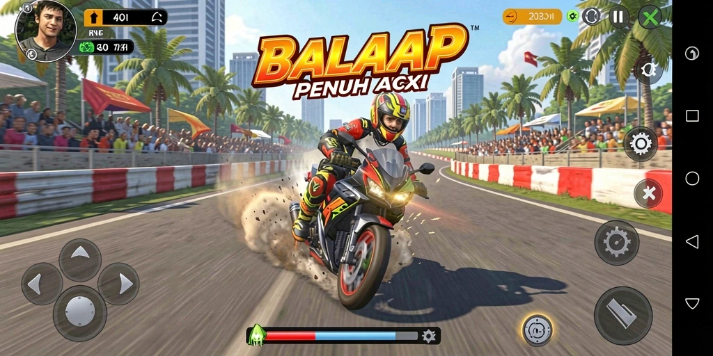 Tangkapan layar gameplay KKRP dengan balapan motor yang intens.