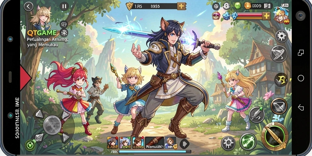 Tangkapan layar QTGAME menunjukkan aksi gameplay yang dinamis dan karakter anime yang menawan.