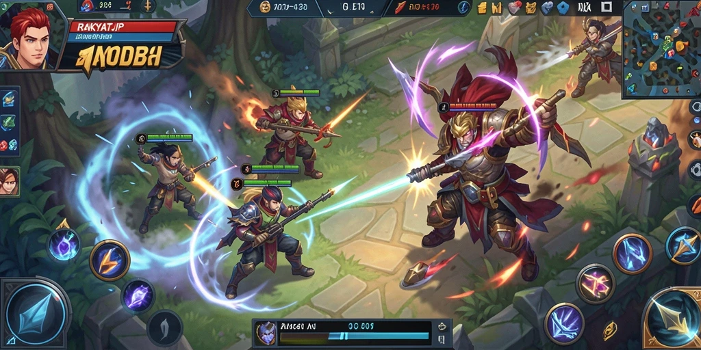 Tampilan seru gameplay RAKYATJP di arena MOBA.