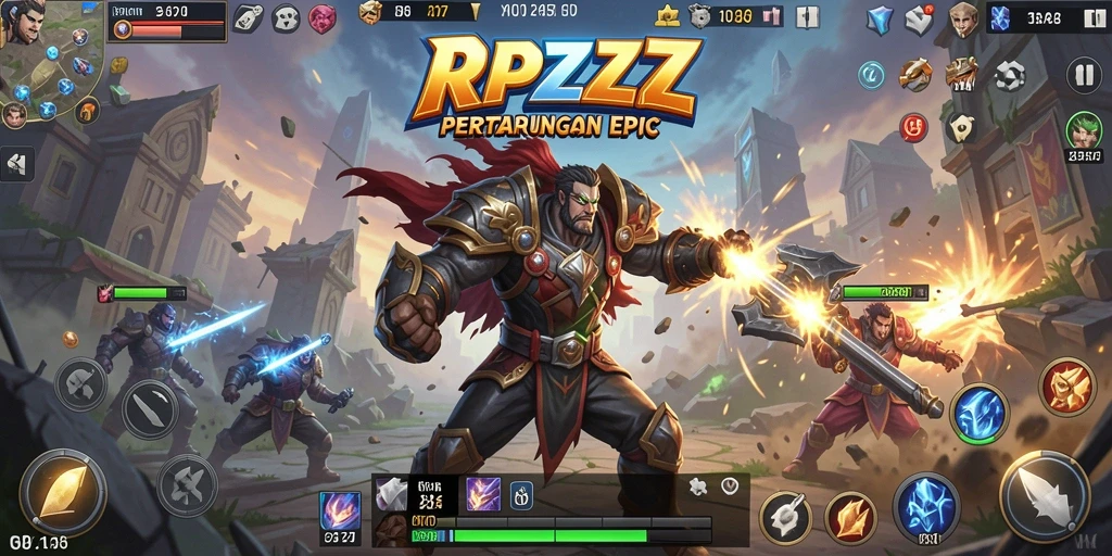 Screenshot gameplay RPZZZ dengan pertarungan heroik yang mendebarkan.