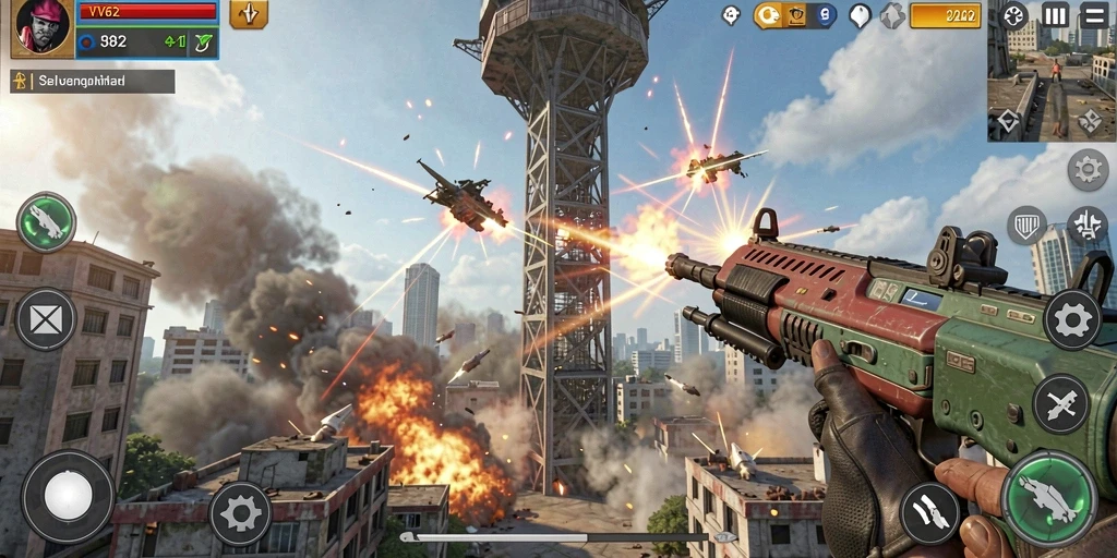 Tampilan gameplay VV62 yang mendebarkan dalam pertempuran Tower Defense.