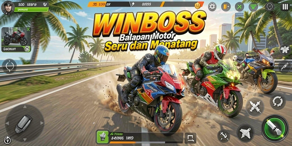 Screenshot gameplay WINBOSS menampilkan balapan motor yang menegangkan di trek yang mendebarkan.