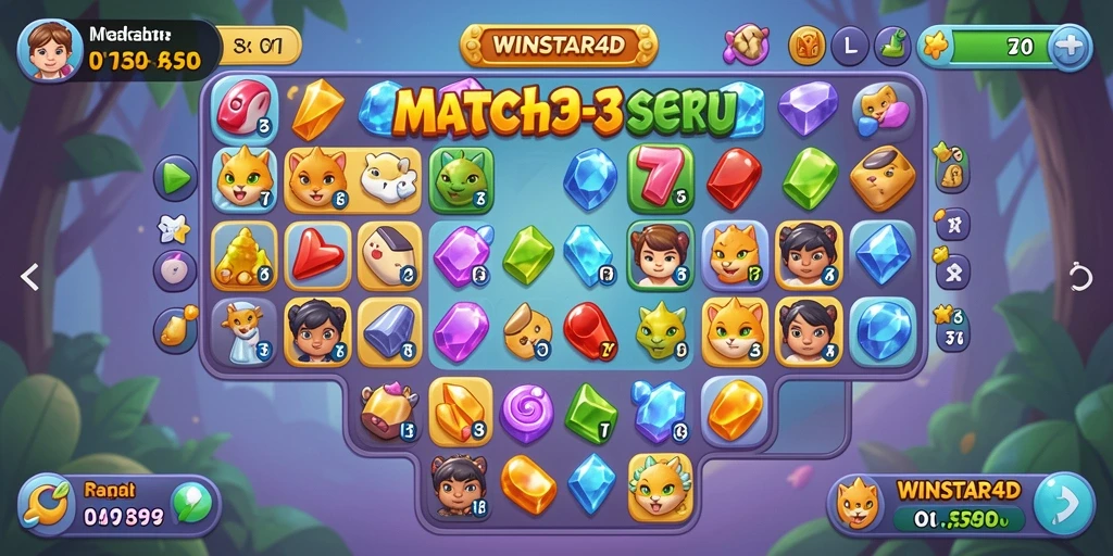 Tangkapan layar menampilkan gameplay mencocokkan simbol Match-3 yang seru.